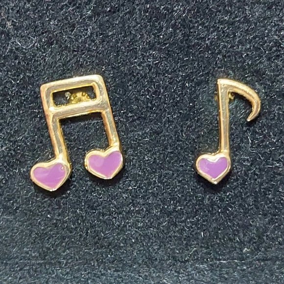 Mini Music Note Stud Earring Purple Heart Gold Tone - Picture 2 of 3